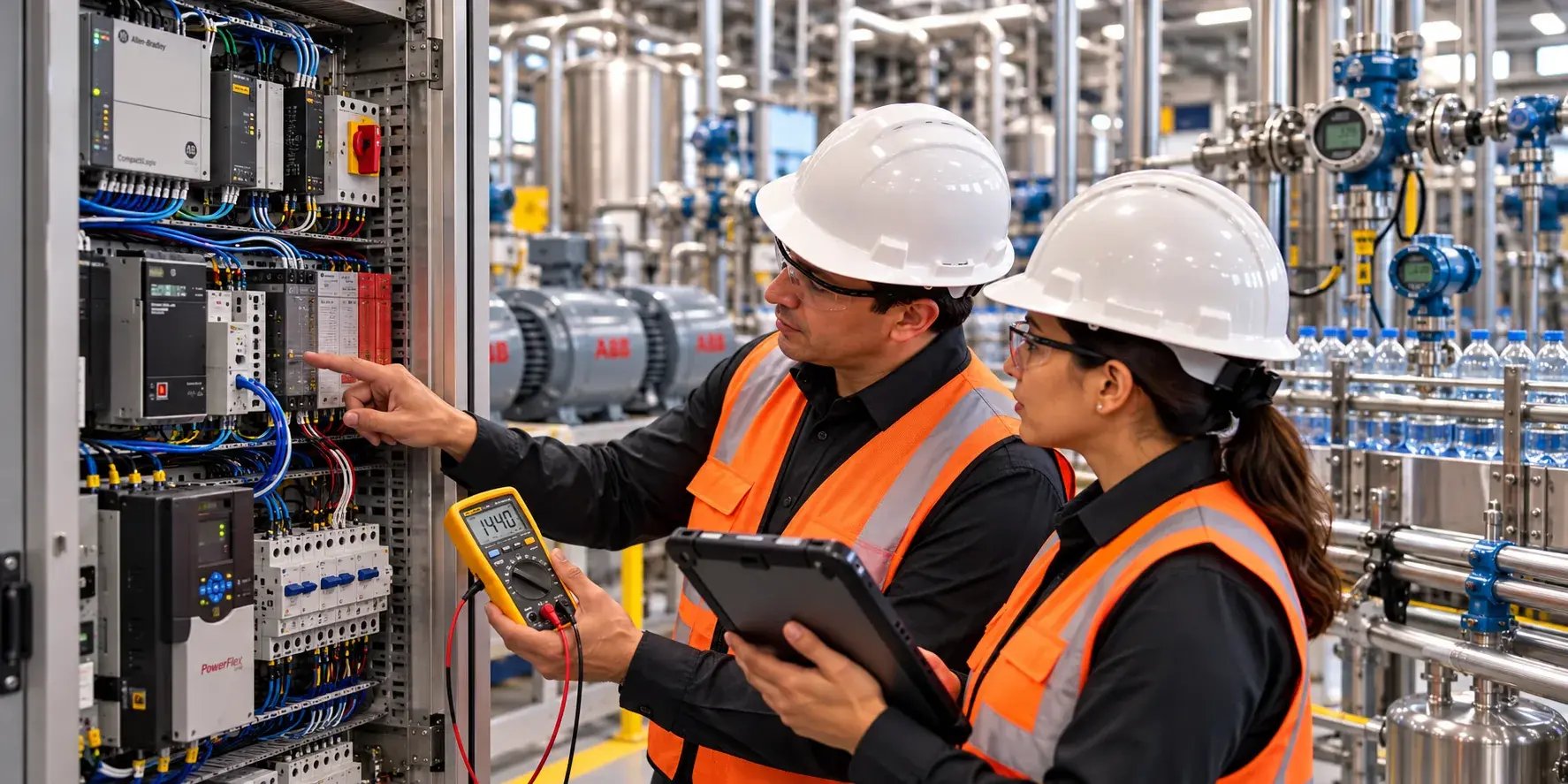 Especialistas industriales revisando equipos de automatización y medición eléctrica en una planta de alimentos y bebidas.