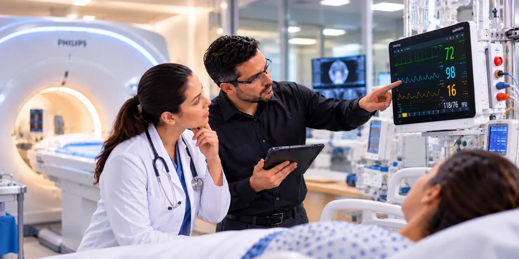 Especialista técnico asesorando a una doctora sobre el funcionamiento de un monitor de signos vitales en un entorno hospitalario con tecnología médica.